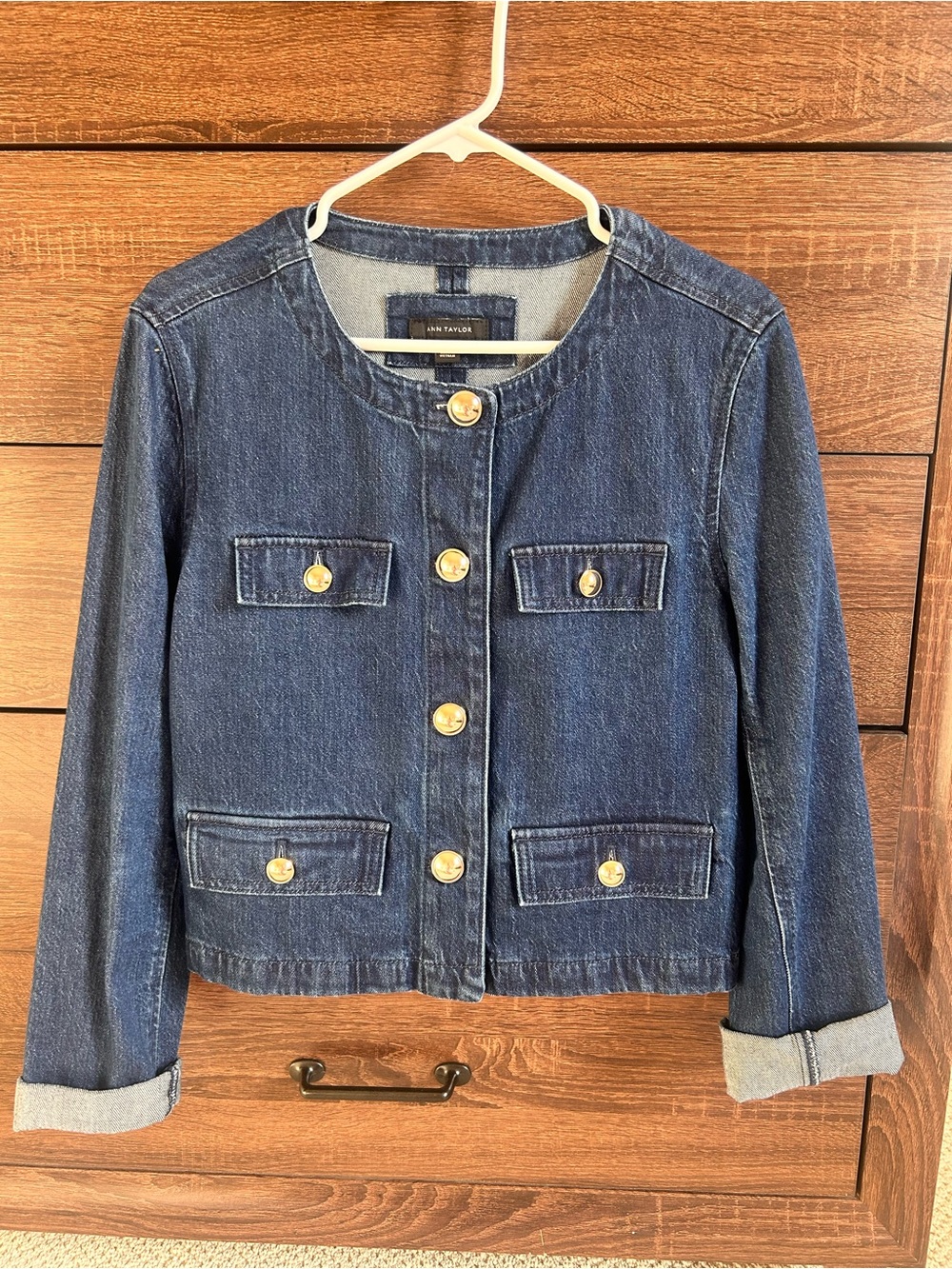 Ann Taylor Cropped Denim Crewneck Gold Button Jacket